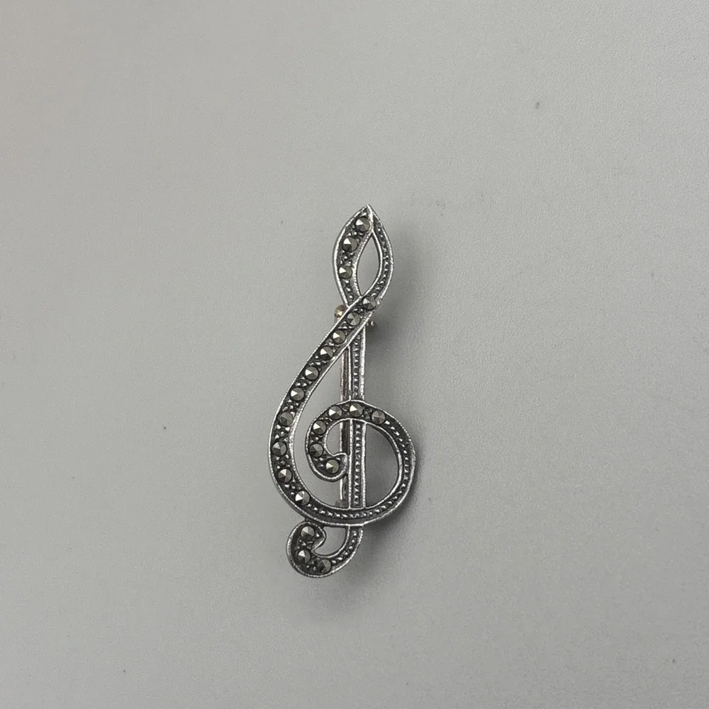 Sterling Silver‎ Marcasite Brooch Treble Clef Music Note 925 1.5